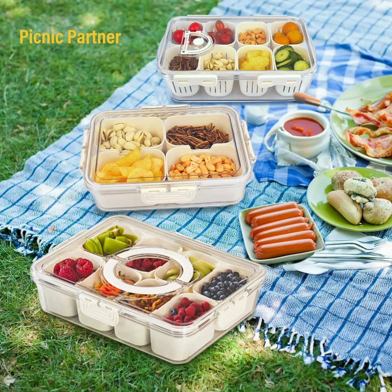 Portable 8 Compartment Divided Snack Salad Tray Clear PET Material with Lid Handles Snack Sauce Spice Boxes Sealed for Food Use