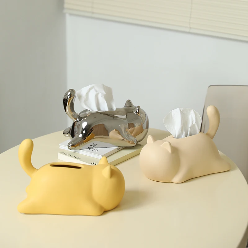 Creative Cartoon Abstract Cat Ceramic Tissue Box Elegant Household Decorations for Living Room Unique Desktop Tissue Box