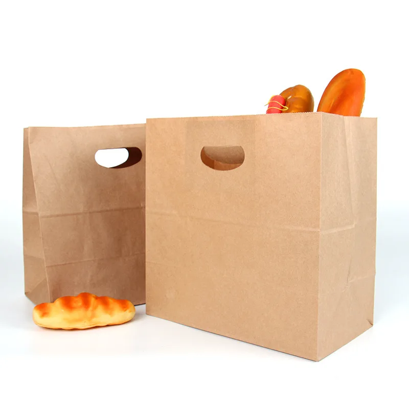 Custom Logo Printed Food Grade Cheap Baking Take Away Brown Kraft Paper Carrier Bag with Die Cut Handles