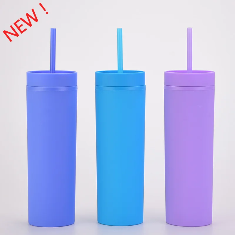 Flypeak  Amazon top seller 16oz Slim Matte Reusable Cup Pastel Colored Double Wall Acrylic Plastic Tumblers with Straw