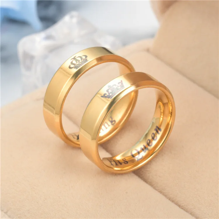 Wholesale Romantic Engraved King and Queen Rings for Couple 18K Gold Plated Stainless Steel Crown Plain Finger Rings