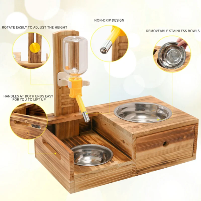 Elevated Dog Bowl Multifunction Wood Elevated Pet Bowl Cat And Dog Food And Water Stand Pet Feeder Bowl Water Bottle