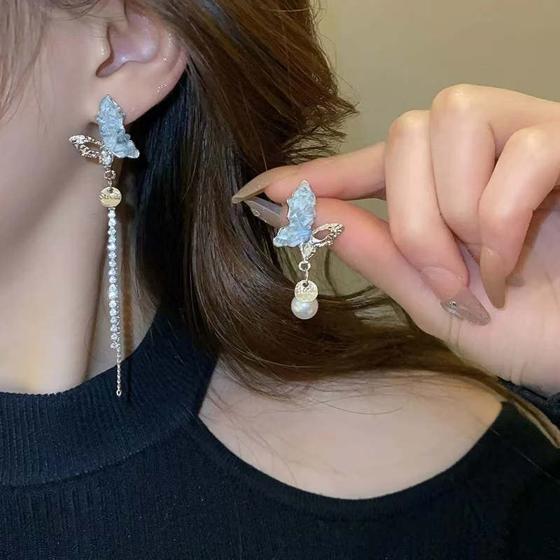 ladies fashion jewelry irregular blue butterfly shaped rhinestone crystal pearl asymmetrical earrings