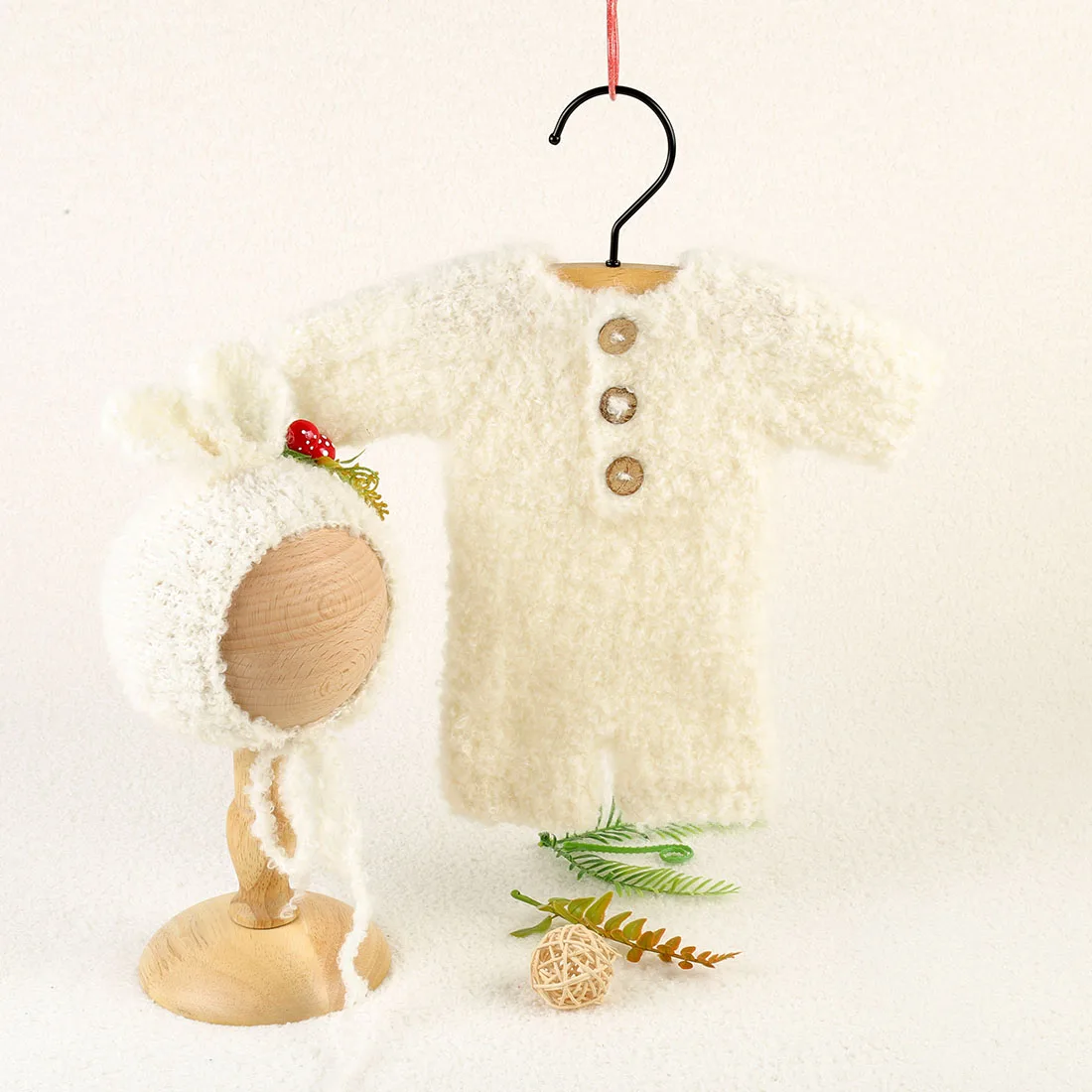 Vintage Knit Newborn Girl Fuzzy Romper Bunny Hat Photography Props Crochet Baby Teddy Bear Outfit Overall Animal Bonnet Set
