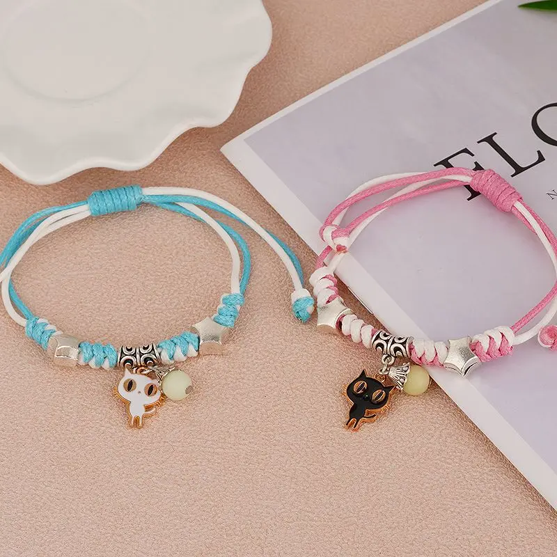 Fashion Cartoon Cat Pendants Splice  Luminous Bead Couple Bracelet Charm Women Men Gifts KIB153