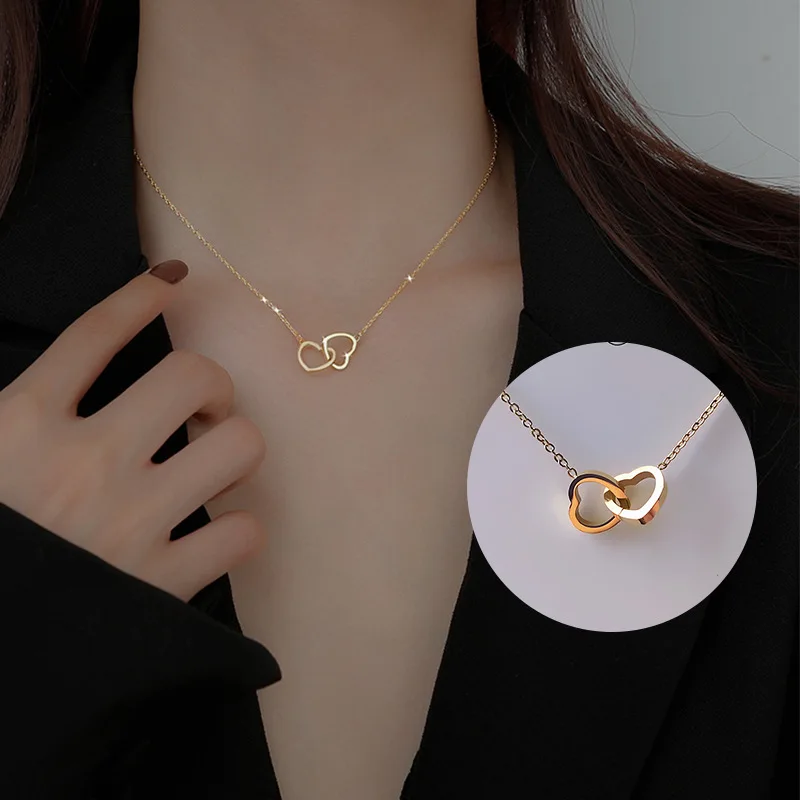 European and American 18k rose gold simple double ring love collarbone chain titanium steel non fading necklace