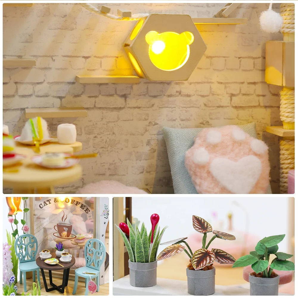 DIY Miniature Doll House Flower Cat Coffee Garden