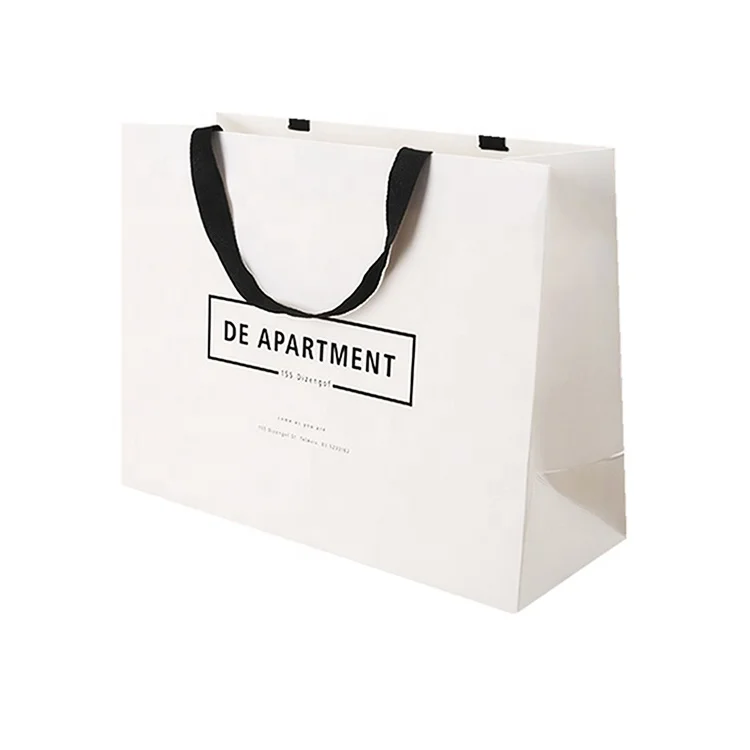 PB-09 Custom hot sale printing black logo matte lamination white card paper bag with black ribbon handles