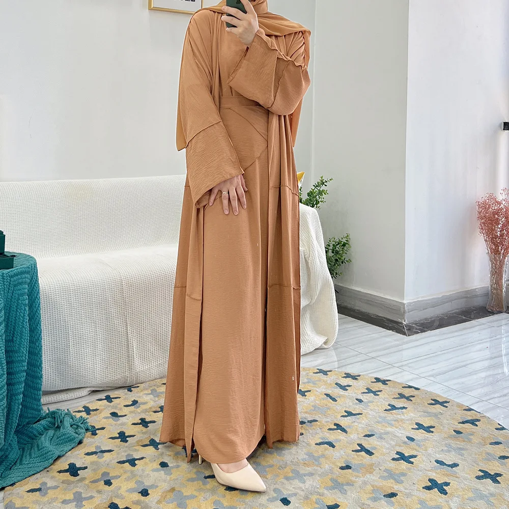 2022 Hot Selling Islamic Clothing Dubai Turkey Wrinkle Polyester 3pcs Set For Muslim Women Simple Abaya Set