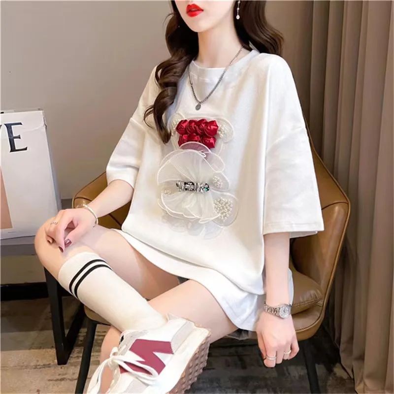 Женская футболка с объемным узором, 2024 с коротким рукавом