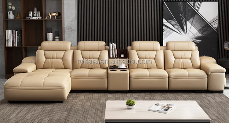 Projector Speaker Multifunctional Sofa Set 5 6 7 Seater Corner Combination Leather Sofa Large Size L-Shaped Sofa with Bookcase