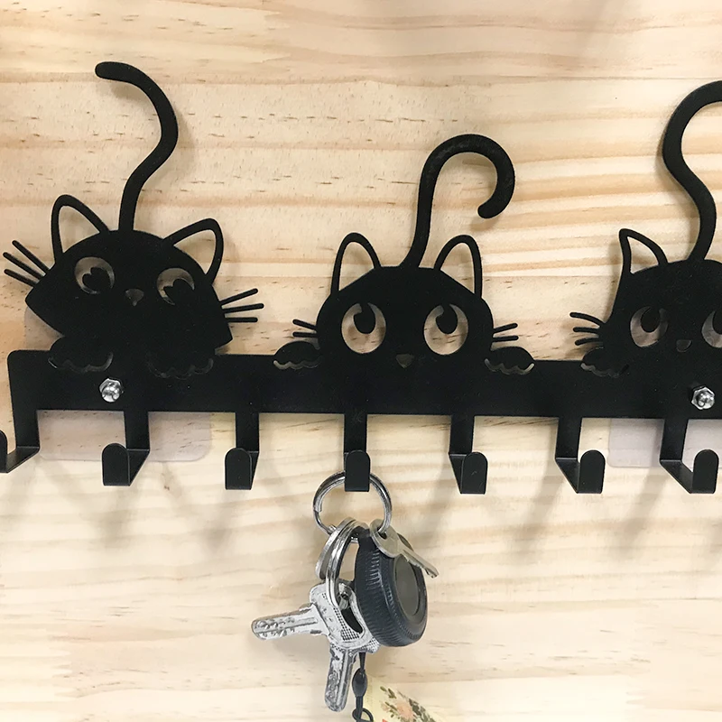 Key Holder for Wall Modern Style Hanger Wall Mount and Adhesive Sticky Animal Cat Hook for Home Entryway Metal Iron Matt Black
