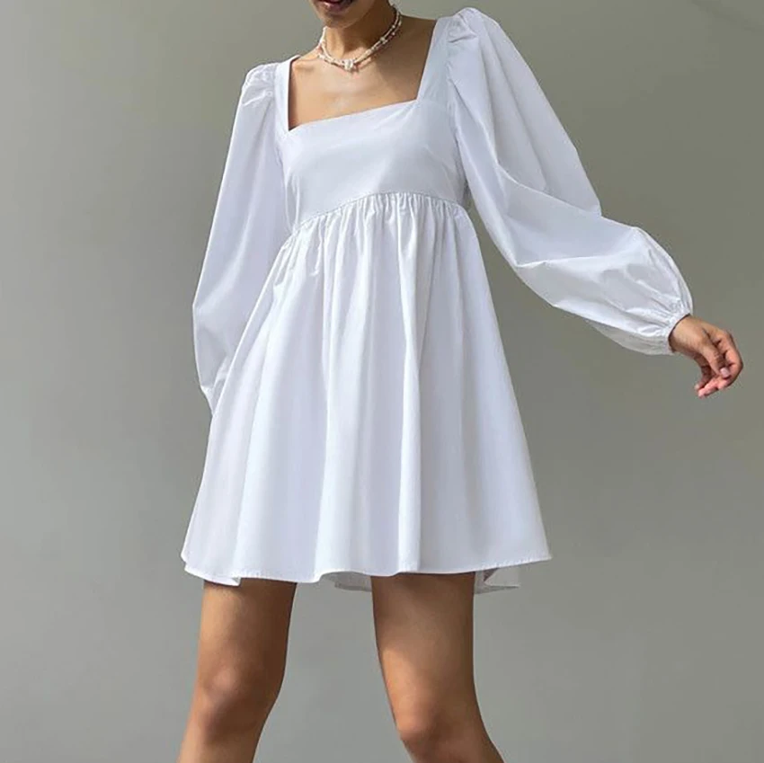 OOTN Long Sleeve Lace-Up Open Back Square Collar Chic Casual Women Dresses Winter Purple Sexy Ladies Solid Short Autumn Dress