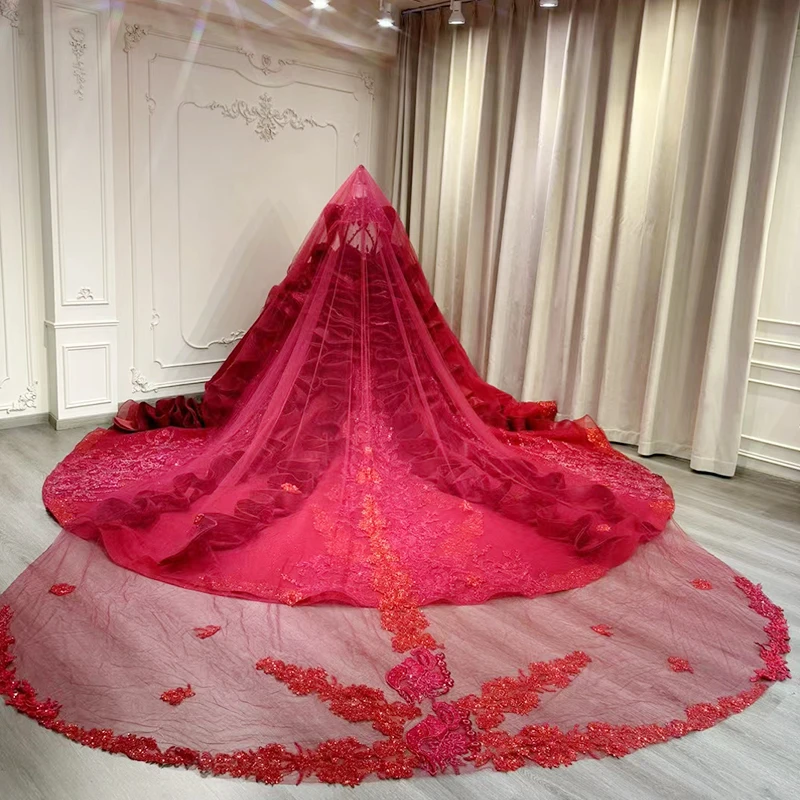 red gown ball gown long train long sleeves with hoop and veil sayabridal