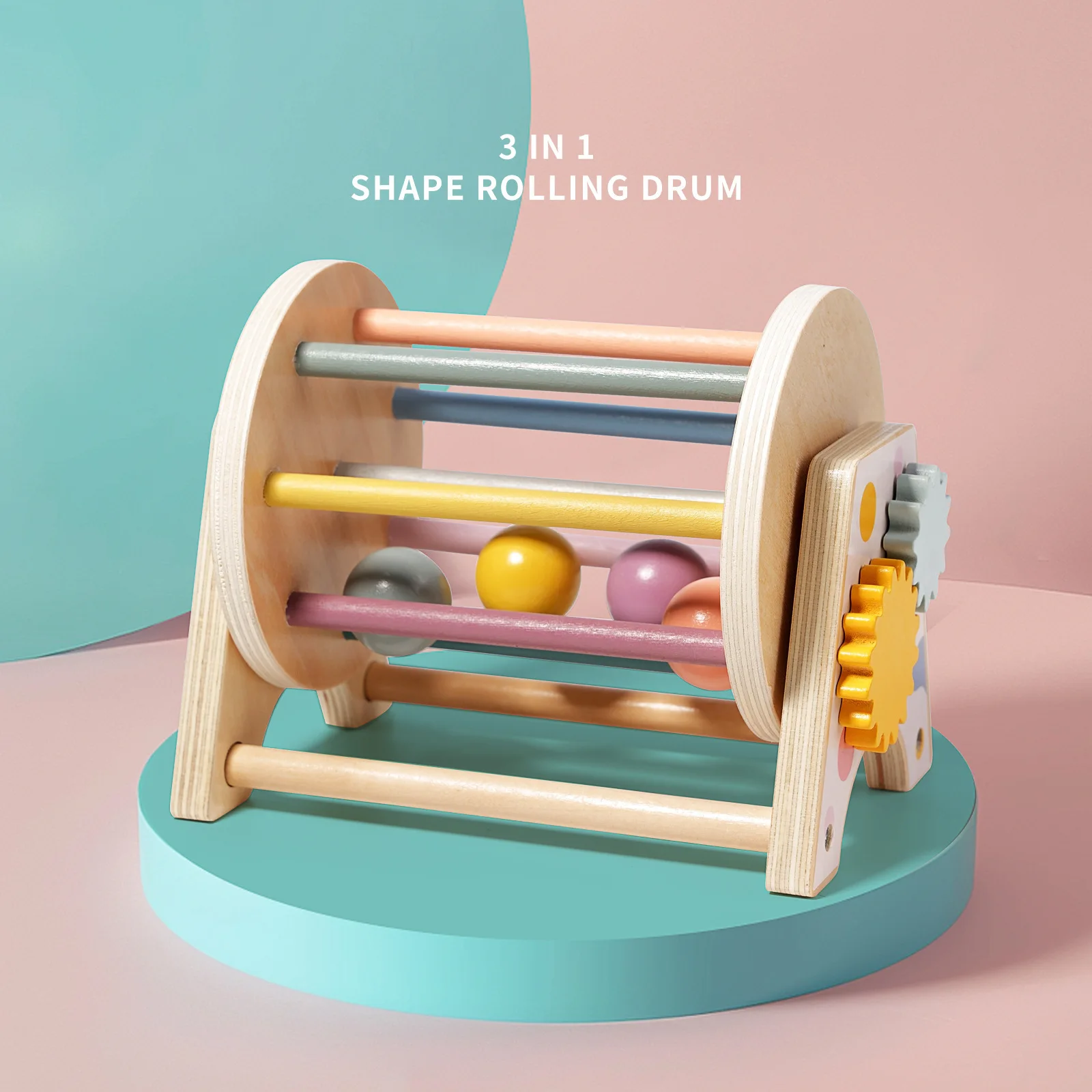 3 in 1 Montessori Rolling Drum Early Learning Infants Wooden Toys Montessori Baby Toys Play Kit Toy for 6-12Months Toddlers