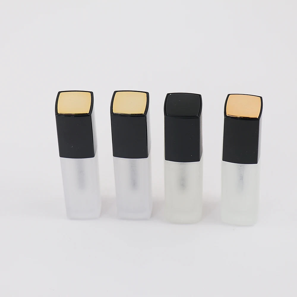 Custom empty clear frosted glass black square lip gloss tube container with gold top