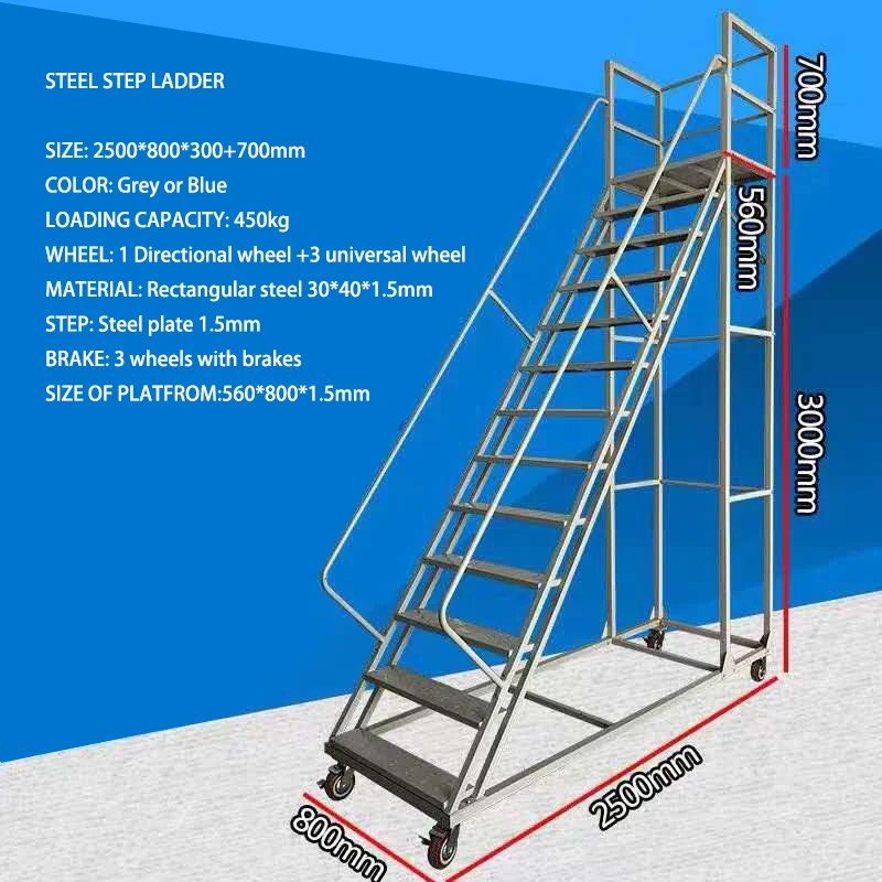 warehouse heavy Lightweight Steel Step Ladder with wheel with Hand Grip