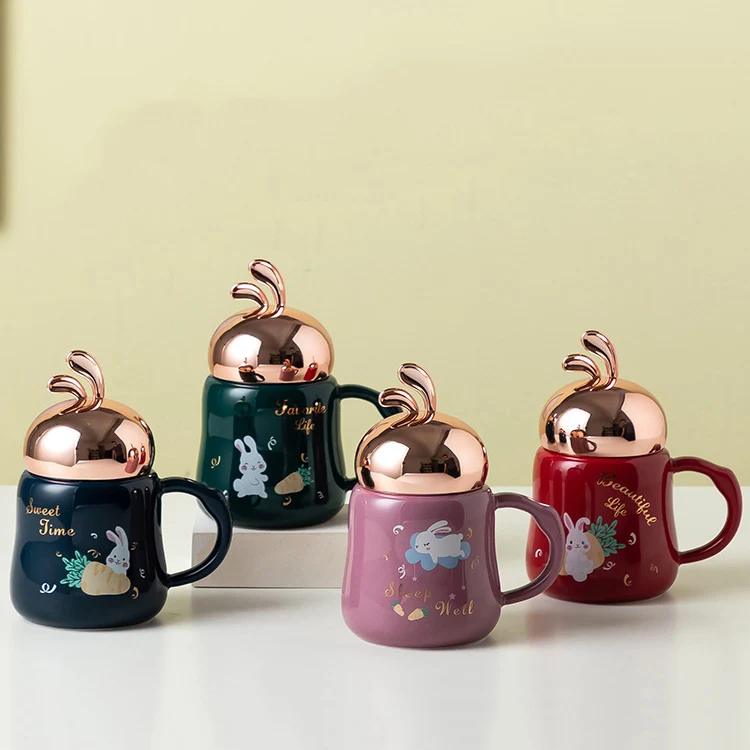 Creative personalized cute animal cartoon rabbit ceramic mug mirror kids coffee cups and funny mugs unique for children and girl