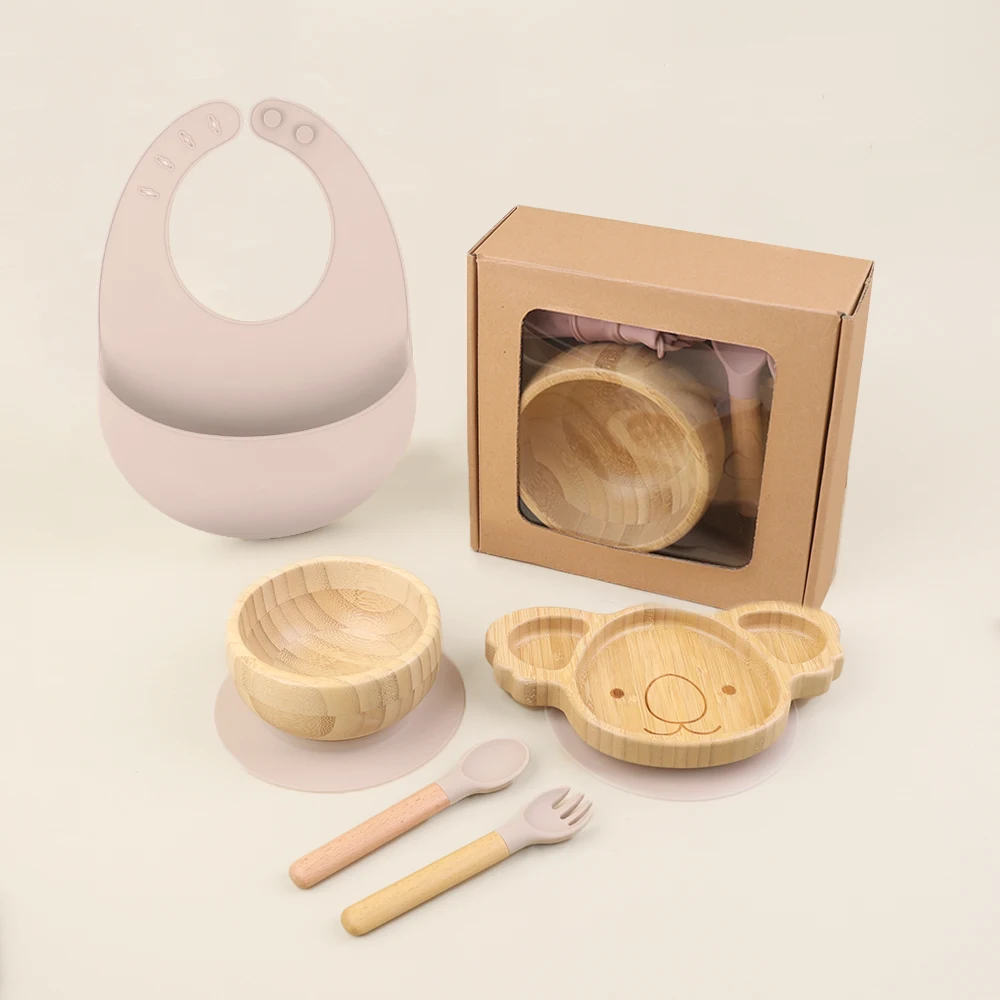 Custom Logo Animal Shapes Food grade Bamboo Baby Feeding Set Wooden Dinner Dining Bib Spoon Dish Set Bamboo Suction Plate