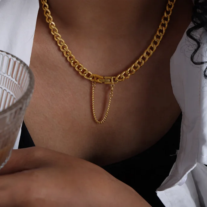 Hip Hop Fashion Thick Link Chain Necklace Bracelets Women 18K Gold Silver Minimalist Chunky Bold Cuban Chain Necklace Set