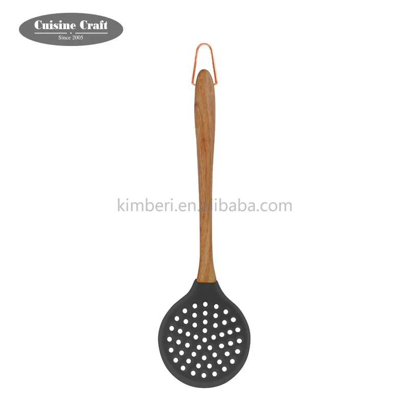 Standard Heat Resistant factory stock item cooking kitchen Silicone skimmer with wooden handle