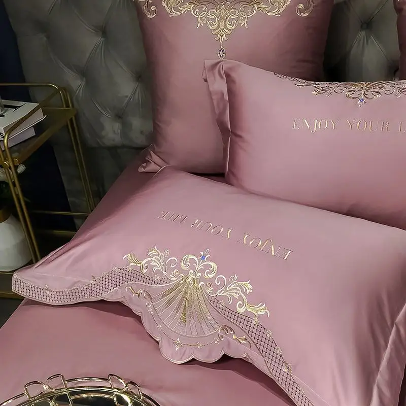 
hot sale silk bedding sets embroidery design tencel bedding set bed sheet and duvet cover set 