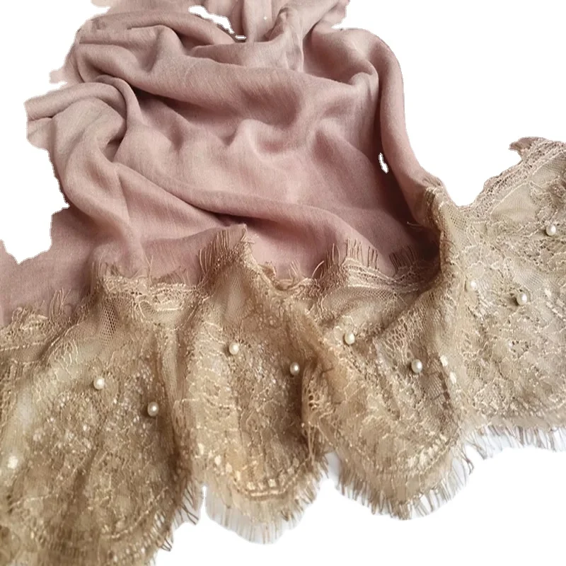 Custom fashion muslim pearl hijabs stole shawl arabic winter colour solid color cotton scarf lace hijab