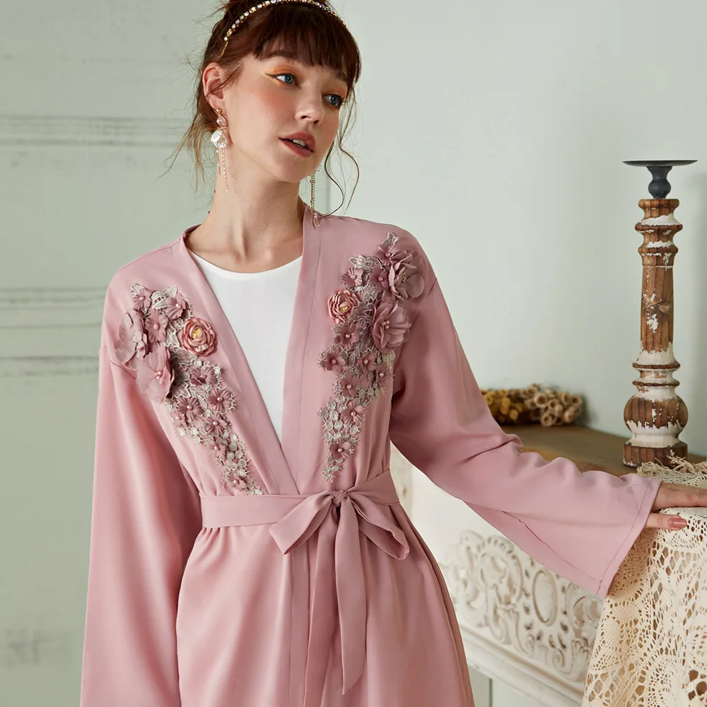 Mid East New Design Diamond Open Kimono Abaya For Muslim Girls Caftan Belt Long Sleeve Handmade 3d Floral Maxi Islamic Abaya