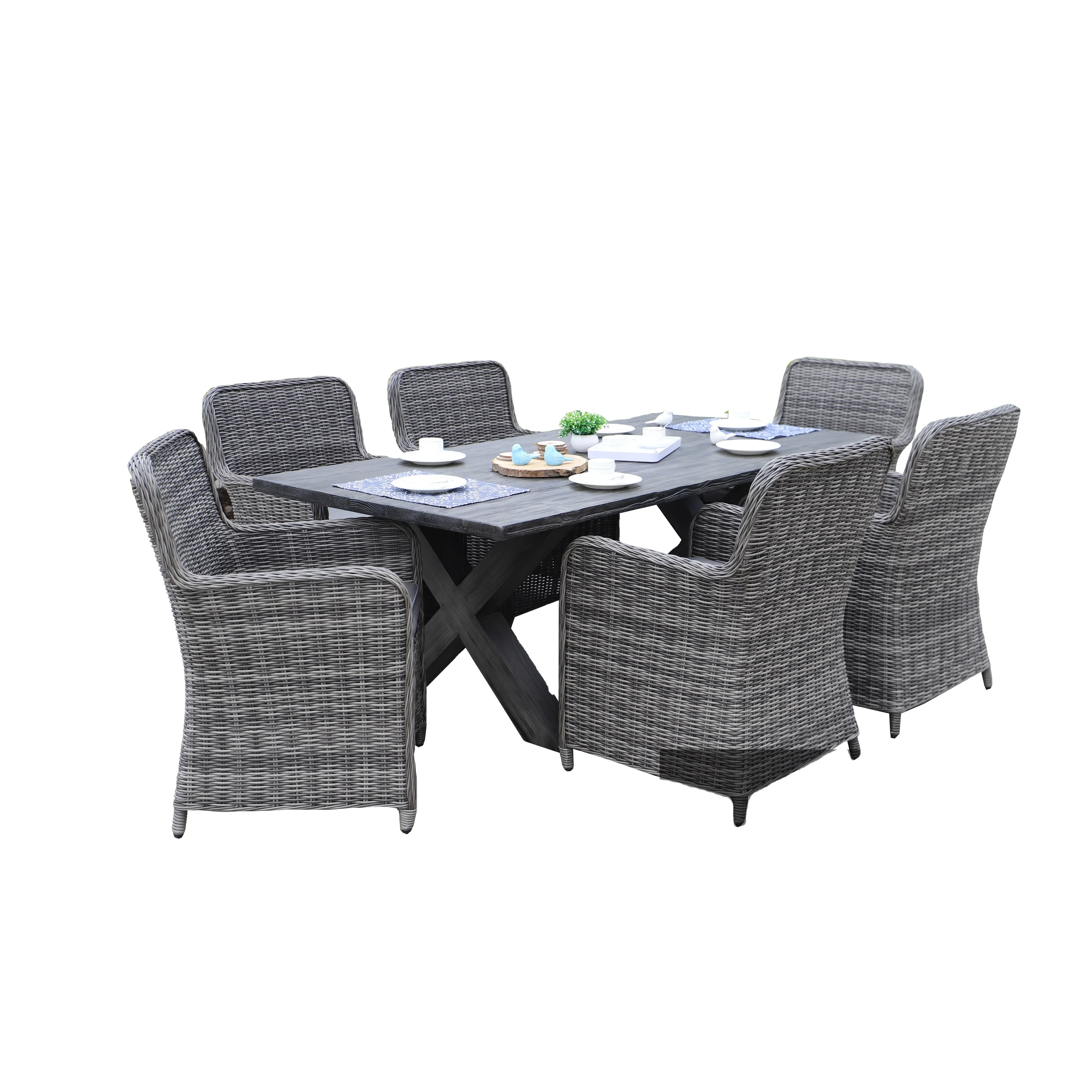 Hot-selling 7pcs Outdoor Garden Dining Table Patio 6 Seats Classical Rattan Table Sets