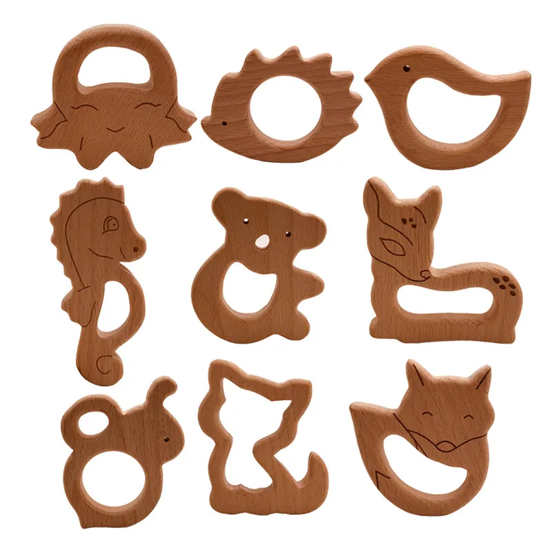 Детский Прорезыватель для зубов кольцо природные органические буковая древесина игрушки прорезывания зубов деревянный кулон с животными