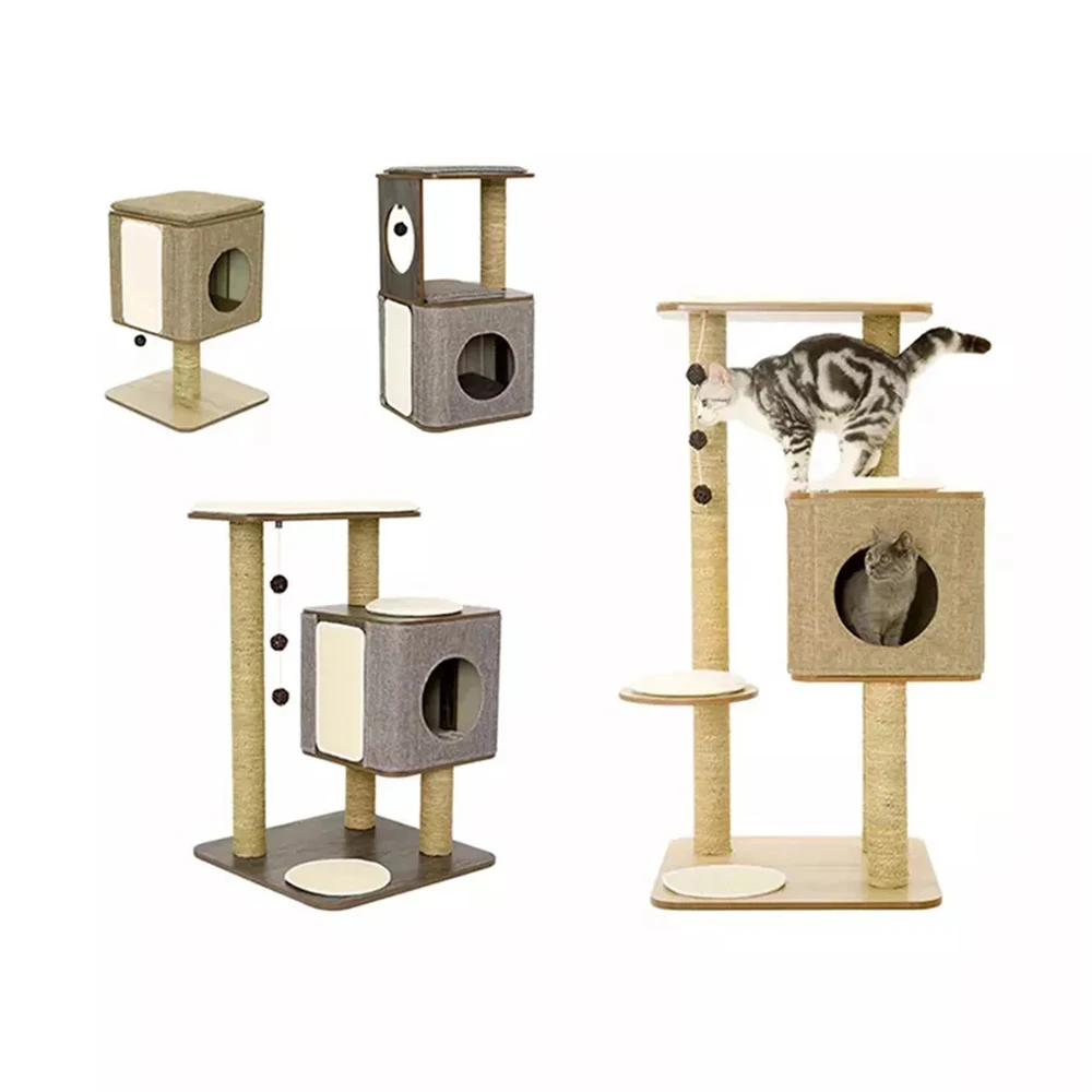 Customized modern luxury cat tree house tower wood cat tree climb condo furniture cat trees scratcher