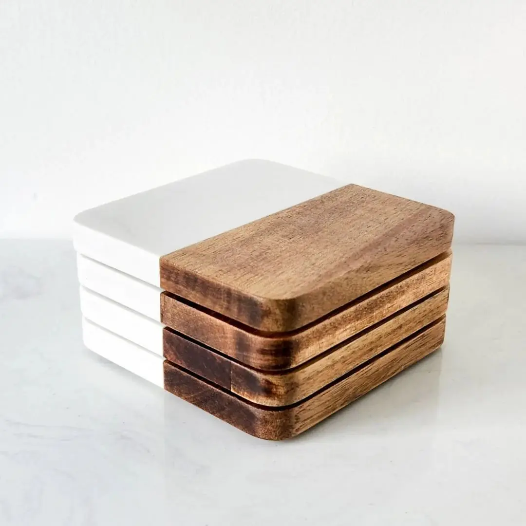 Natural Solid Polished Marble Acacia Wood Coasters with Matching Bamboo Holder For Restaurant