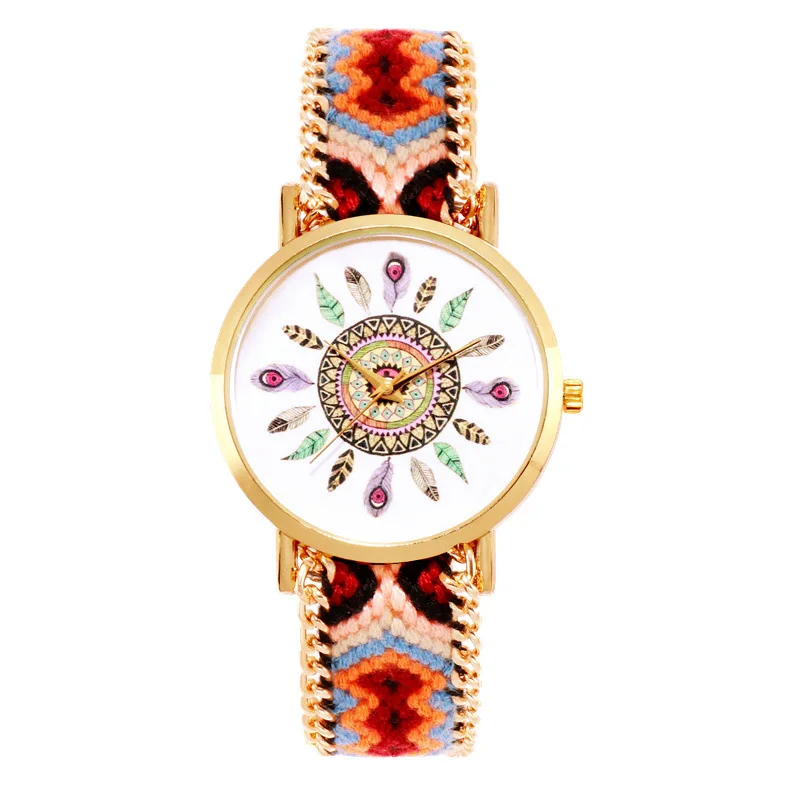 
Wholesale Fashion Classic Ethnic Style Hand Woven Watch Bracelet Band Cloth Strap Watch Quartz Wristwatch For Women And Girls 
