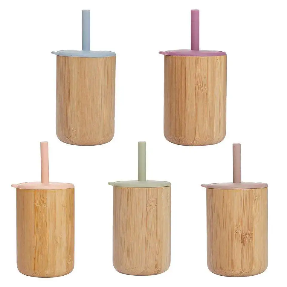 Hot Sale  Baby Learning Drinking  Straw Cups With Lid  Natural Bamboo Silicone  Water Cups For Children Kid