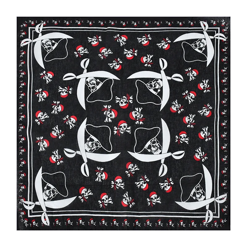 Fashion Design Cashew Flower Skeleton Bandanas Custom Printing Black Hip Hop Scarf 54*54cm Polyester Head Wear Scarf