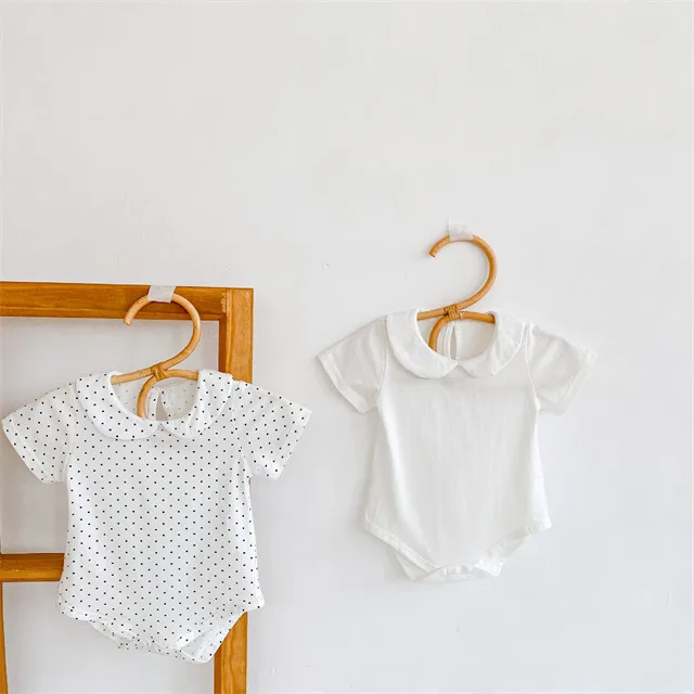 1 Pcs Custom Tag Plain Cotton Romper Summer Newborn Infant Toddler Clothes Peter Pan Collar Short Sleeve Baby Girls Bodysuit