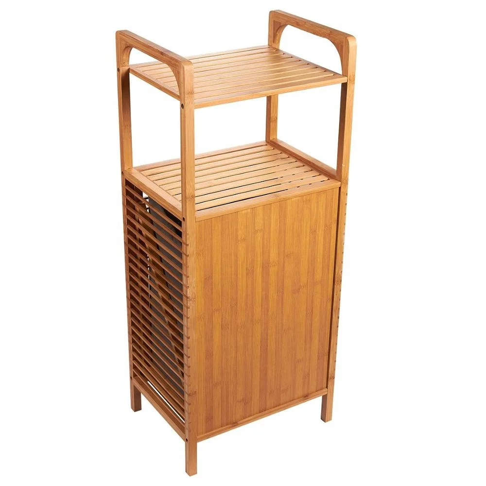 Bamboo Shelf with Tilt-Out Hamper Basket Clothes Hampers for Laundry Perfect for Bathrooms and Spas, Brown 15.8 x 37.5 x 11.8 In