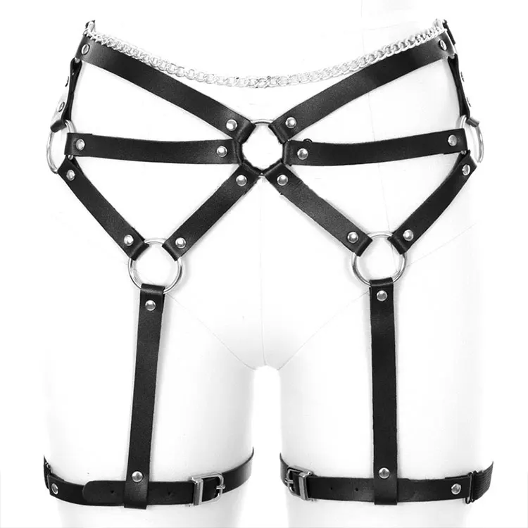 Quick Custom Label Black Punk Woman Sexy Buckle Body Cage Waist Garter Sexy Party Sm Slave Play Leg Ring Leather Garter Belt
