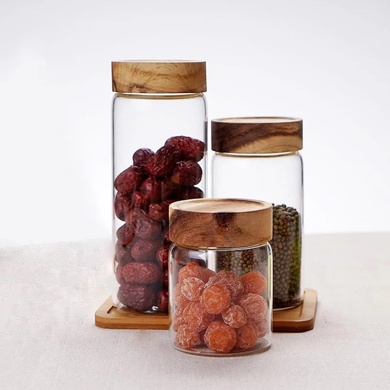 Wholesale High borosilicate glass jar food storage bottles with Acacia wood lid