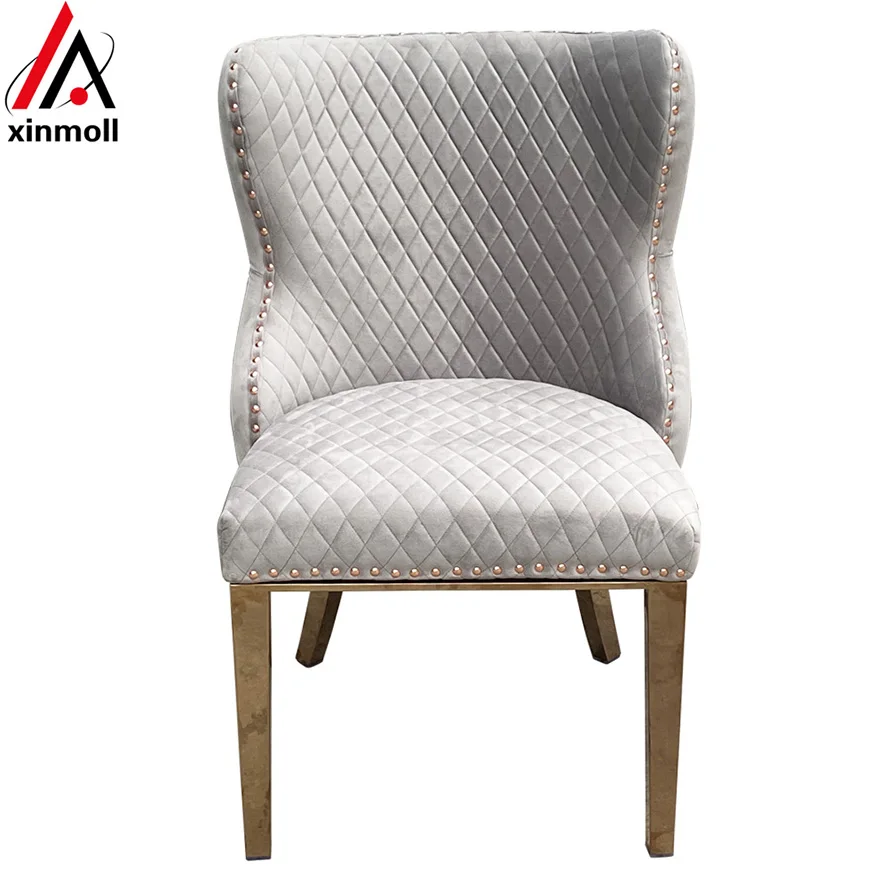 Luxury Salon chair stainless steel Velvet Upholstered Wing-Back Dining Chair with stitching Nailhead Trim & gold chrome legs