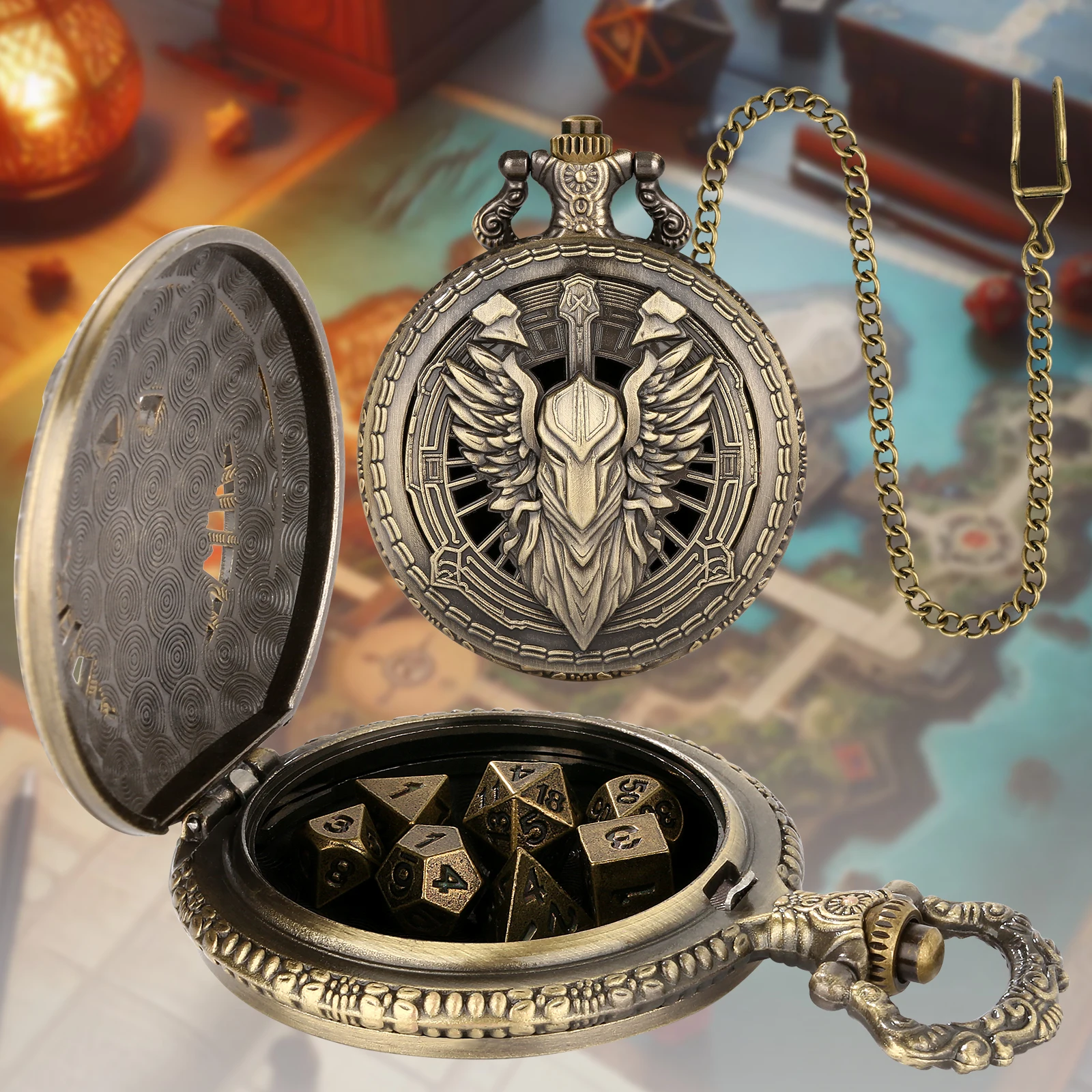 Vintage Warrior Themed Dice Box Pocket Watch Case Mini DND Dice Set for RPG Tabletop and Board Games Party Gifts