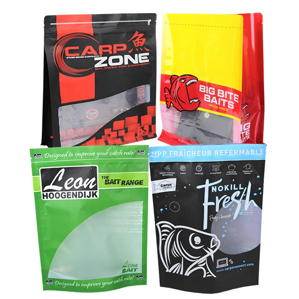 factory custom printed stand-up fishing lure baits boilie packing clear plastic bags with logo printing