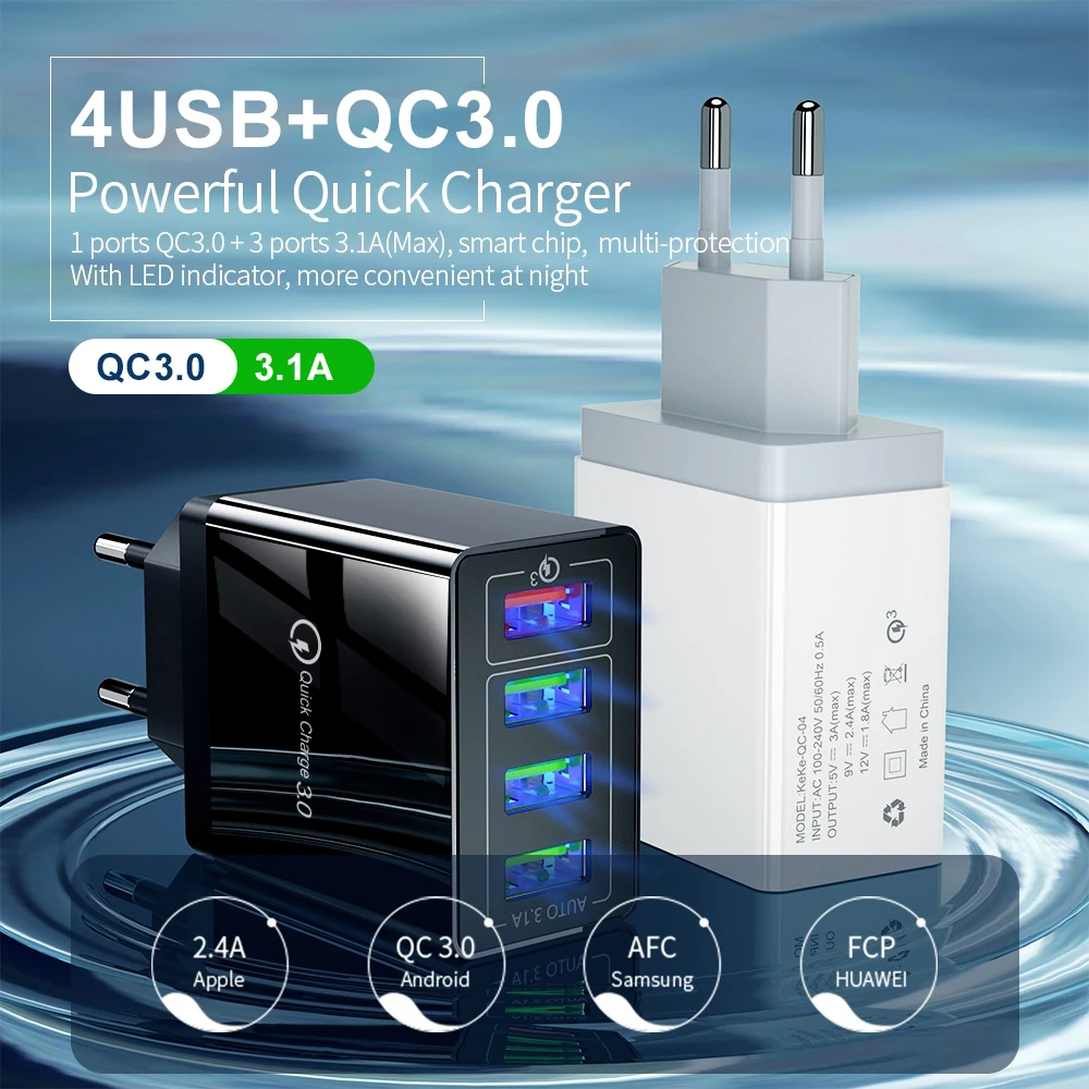 EU/US/UK Plug 3.1A 4 Port USB Wall Charger QC 3.0 Travel Charger Adapter