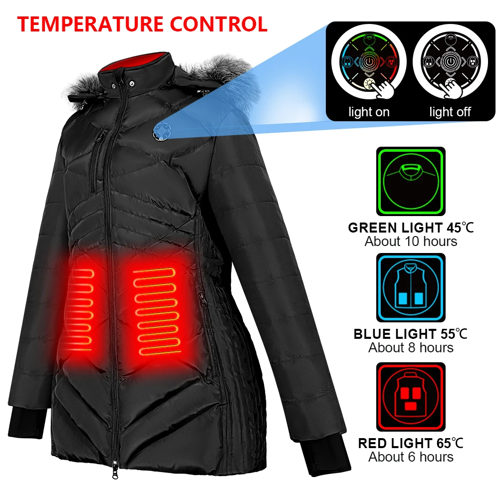 High Quality Woman Battery 12V Heated Mid Long Cotton Down Jacket for Outdoor Winter Hiking Snow Female Heat Jacket