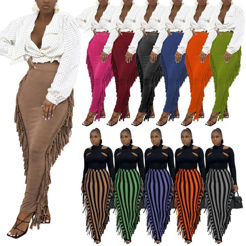 Fall 2021 Women Long Pencil Skirt Casual Solid High Waist Stretchy Side Tassel Bodycon Maxi Skirt