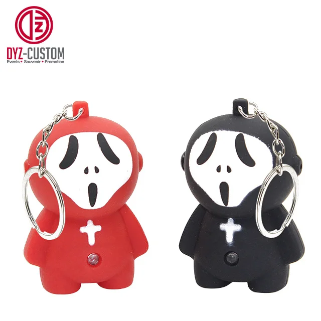 Halloween Ghost Shape Flashlight Keychain with Scary Voice LED Light Silk Screen Printed Plastic and Iron Metal Gift