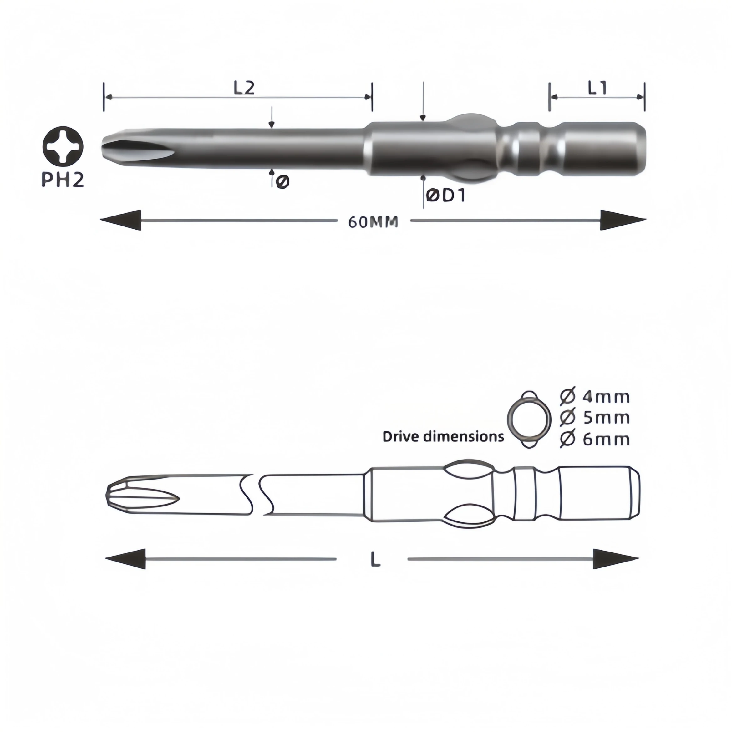 Multi-Purpose Precision-Engineered Phillips Bits Threaded Long Phillips Driver Bits