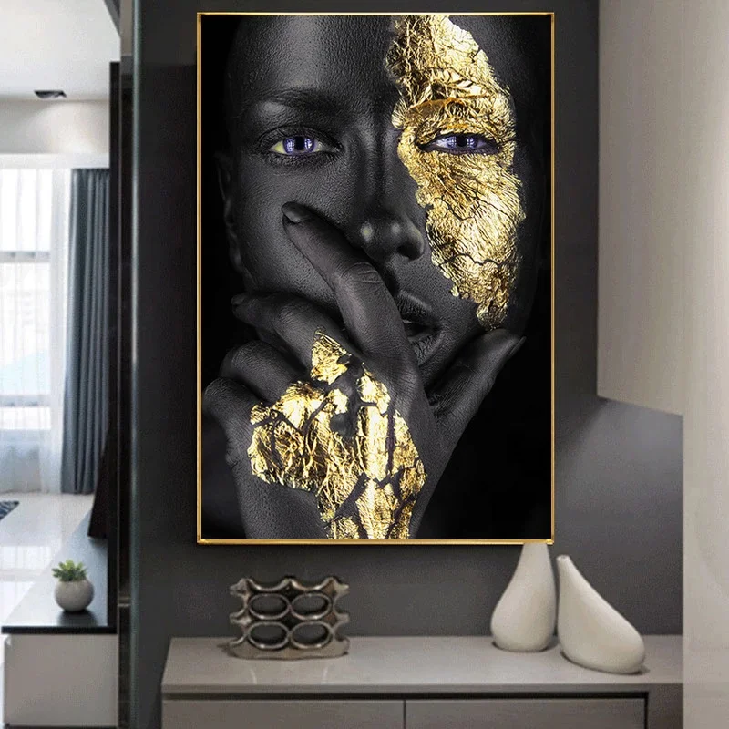 Africa Black Woman Gold Face Hand Canvas Painting Wall Art Posters and Prints