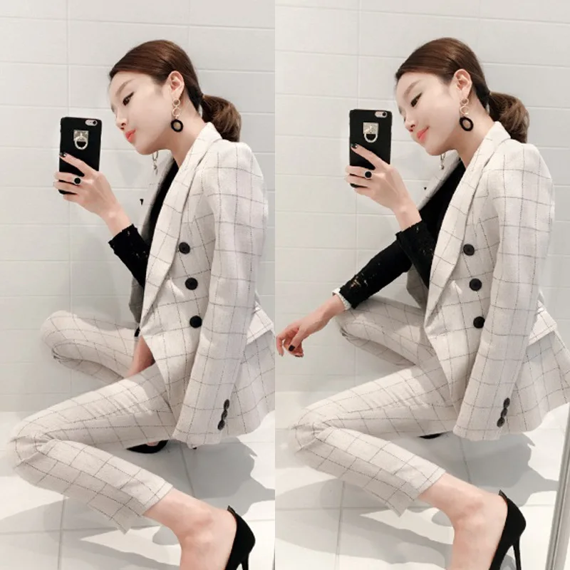 2020 INS Amazon Hot Sale Office Lady Suit Cotton Plaid Women Coat Pants 2pcs Set Spring Autumn Female Business Suit