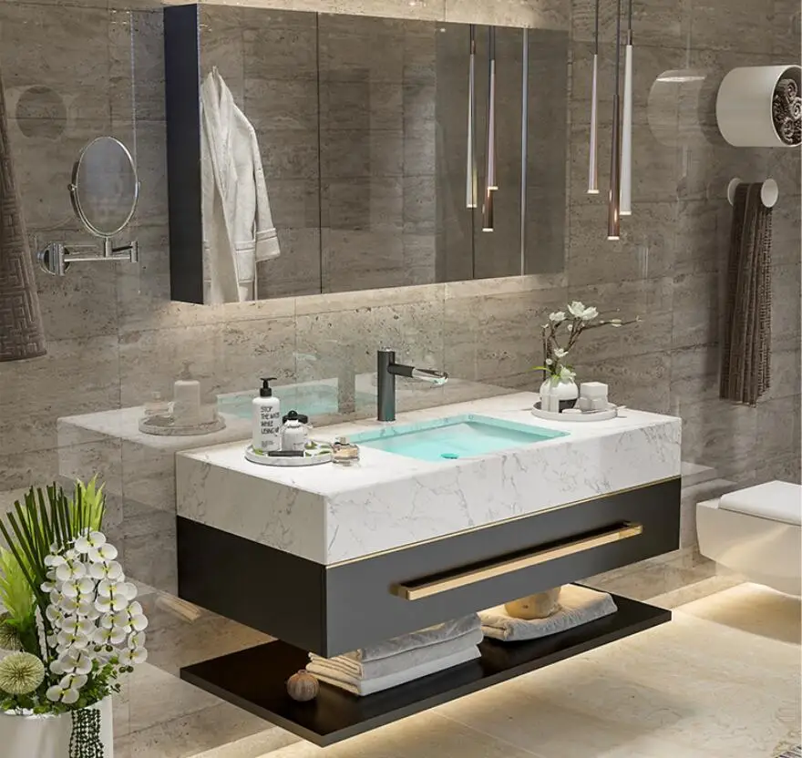 Modern solid wood acrylic surface bathroom furniture wall mounted double deck bathroom cabinet vanity with sink